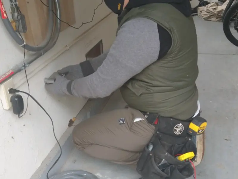 Electrician performing outlet wiring in a Bellaire garage